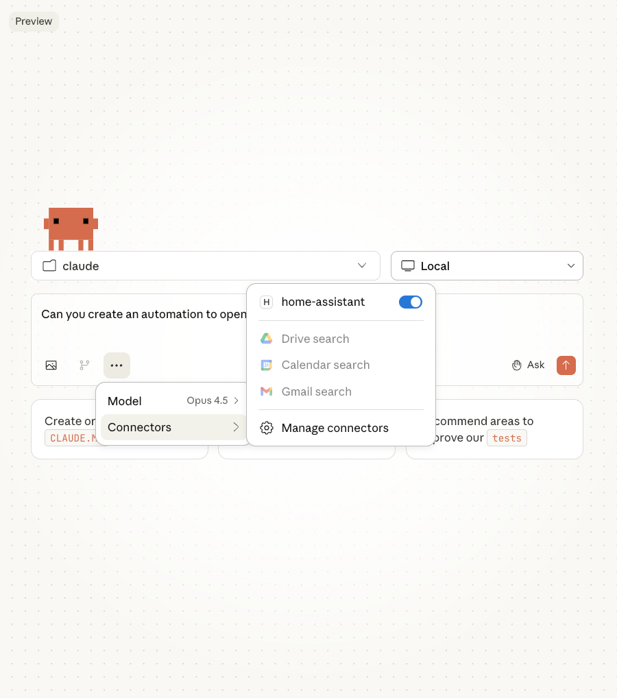 The ha-mcp connector in Claude Code, which is also available in regular Claude.